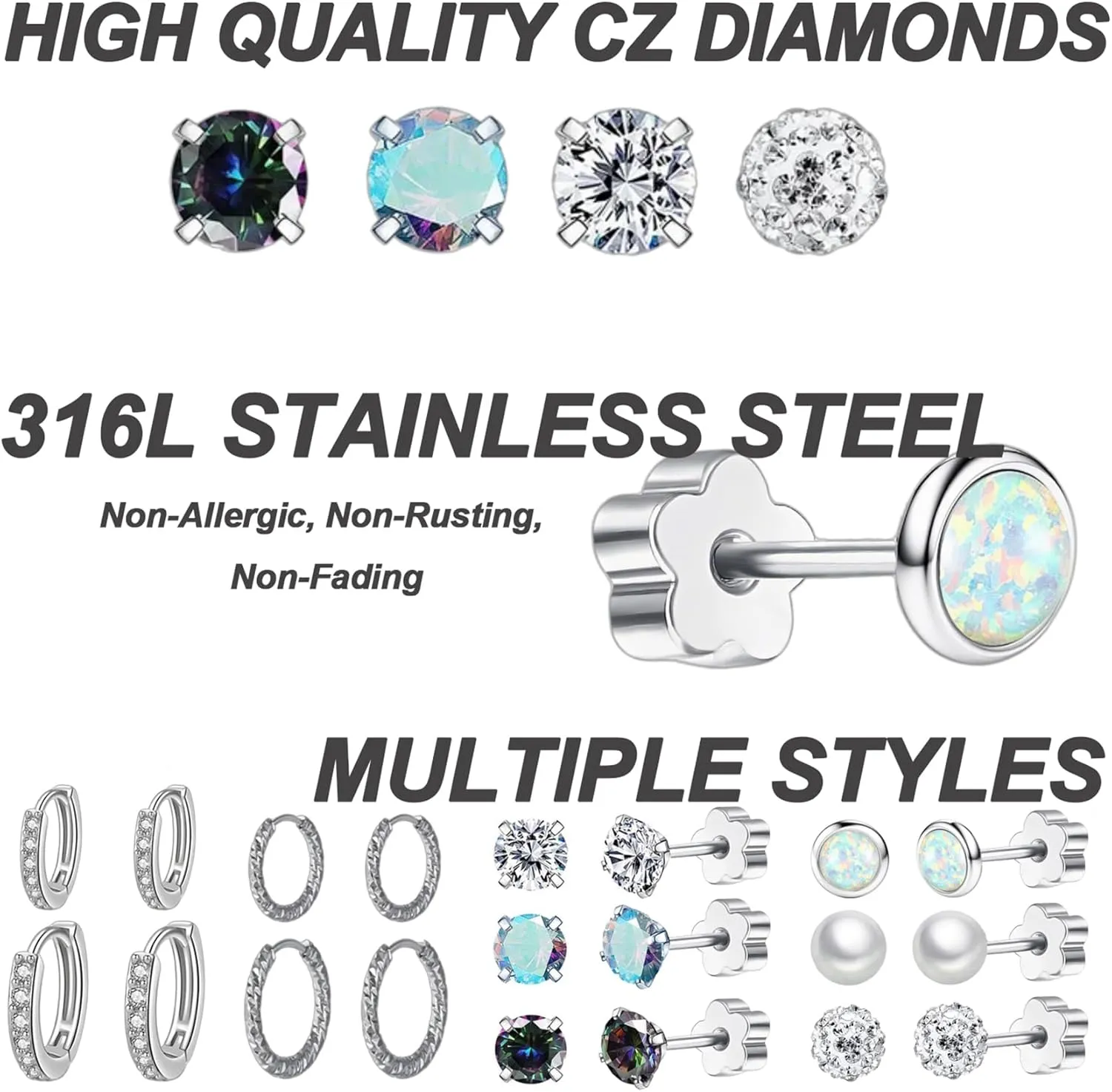 10 Pairs Stainless Steel Stud Earrings Colorful CZ Stud Earrings 20G Stud Earings 10mm 12mm Hoop Earrings Cartilage Earrings For Women Men