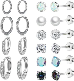 10 Pairs Stainless Steel Stud Earrings Colorful CZ Stud Earrings 20G Stud Earings 10mm 12mm Hoop Earrings Cartilage Earrings For Women Men