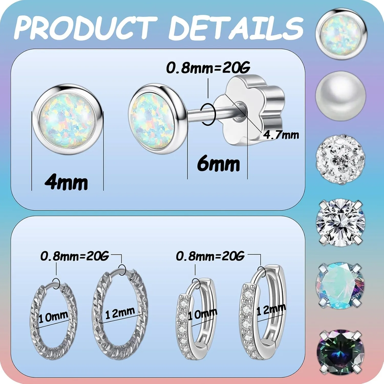 10 Pairs Stainless Steel Stud Earrings Colorful CZ Stud Earrings 20G Stud Earings 10mm 12mm Hoop Earrings Cartilage Earrings For Women Men