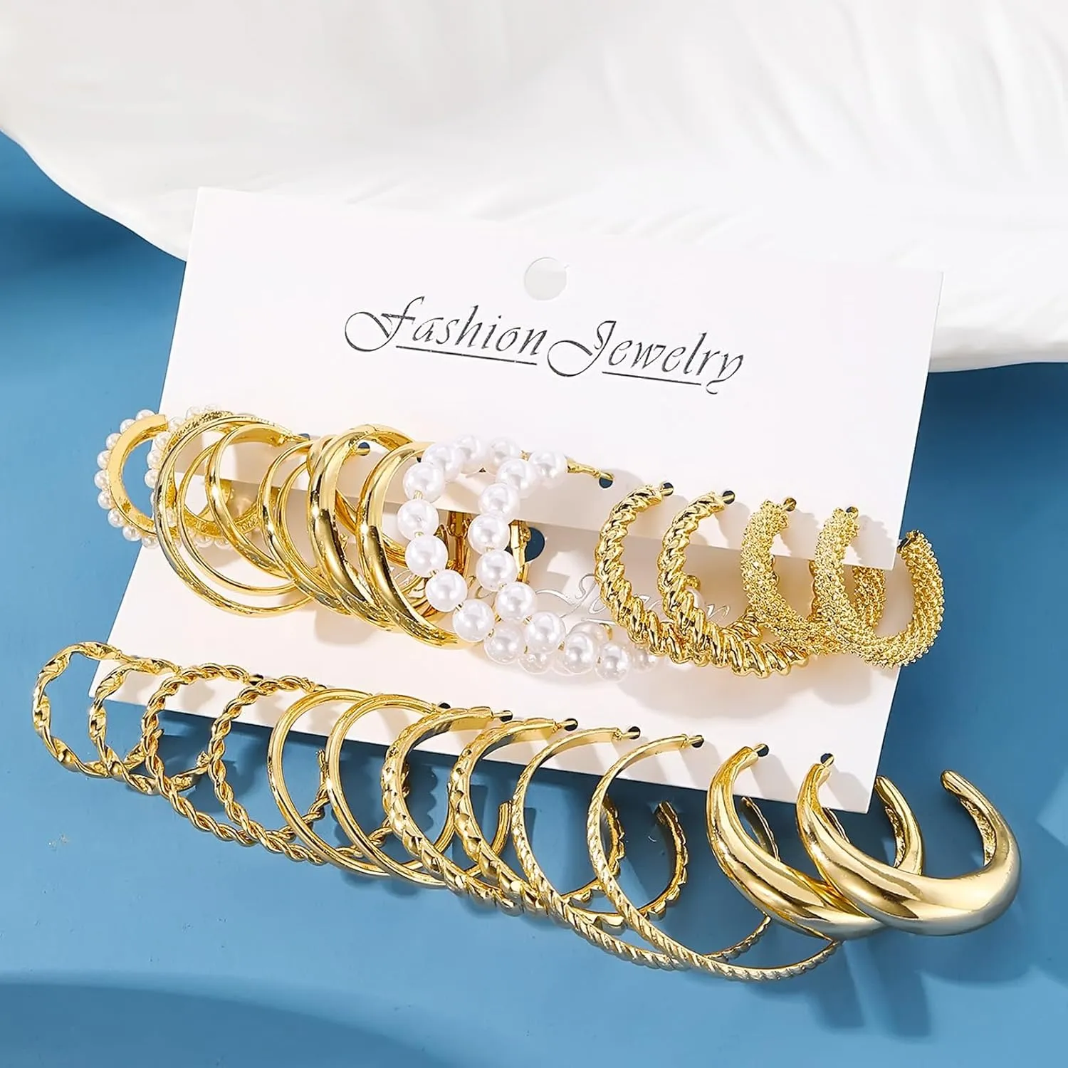 17IF 12 Pairs Gold Hoop Earring Set for Women Chunky Smooth Surface Trendy Small to Big Stud Earring Lightweight Twisted Pearl Ear Pack