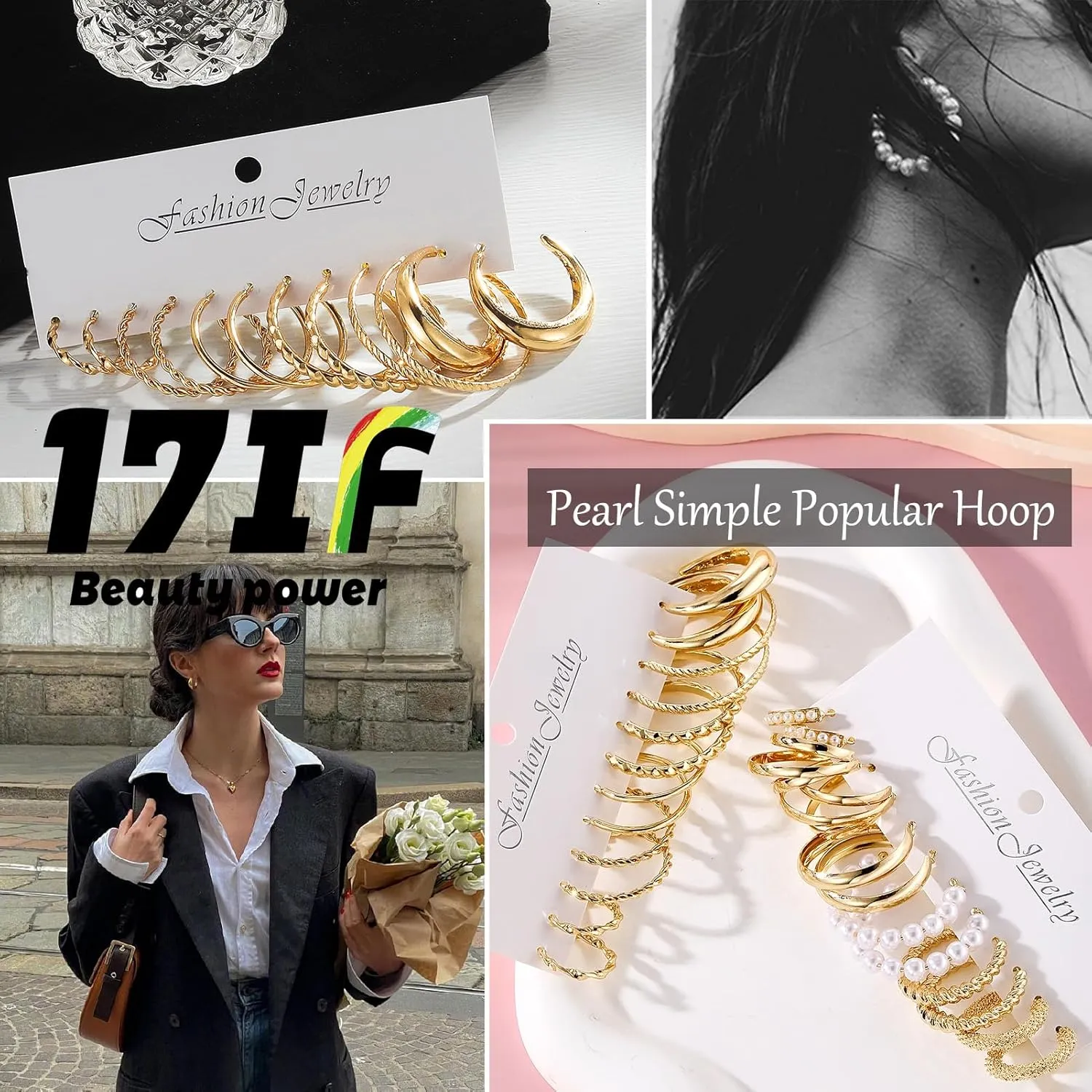 17IF 12 Pairs Gold Hoop Earring Set for Women Chunky Smooth Surface Trendy Small to Big Stud Earring Lightweight Twisted Pearl Ear Pack