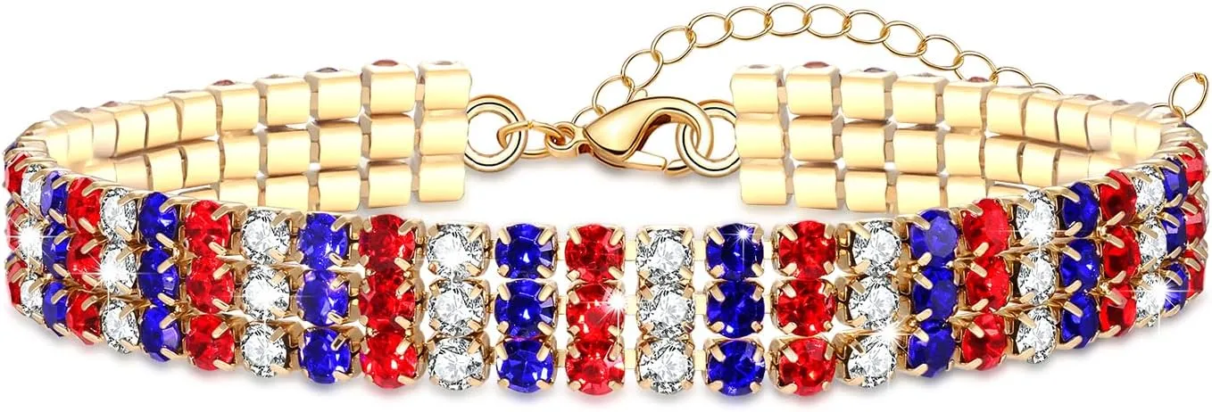 4 th of July Bracelet for Women Sparkling Red White and Blue Rhinestone Patriotic Tennis Bracelet American Flag Silver Tone Bracelet Adjustable Fourth of July Independence Day Costume Decoration Gift