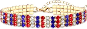 4 th of July Bracelet for Women Sparkling Red White and Blue Rhinestone Patriotic Tennis Bracelet American Flag Silver Tone Bracelet Adjustable Fourth of July Independence Day Costume Decoration Gift