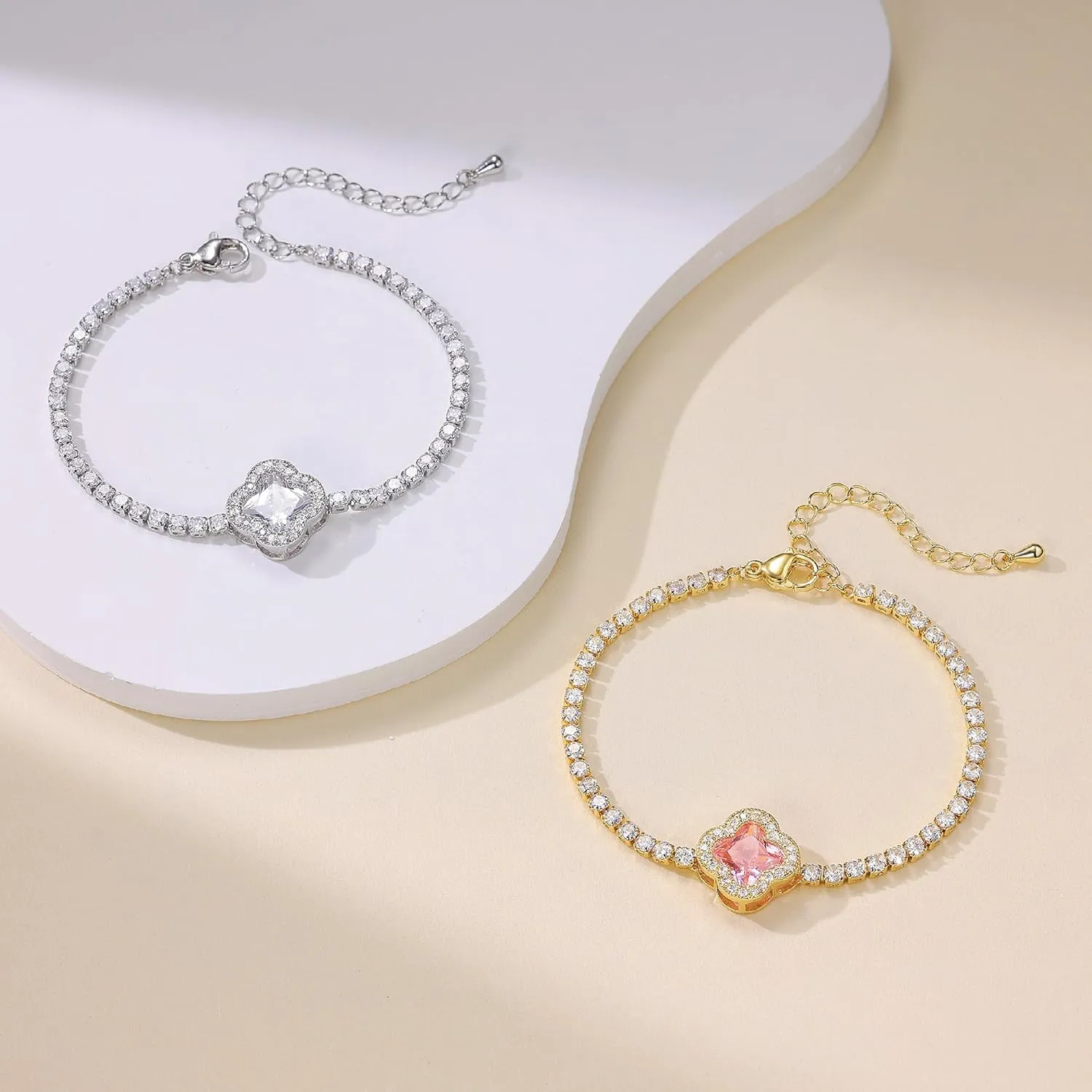 4K Gold Plated Tennis Bracelets 2mm Cubic Zirconia Clover Adjustable Tennis Bracelet 6.6 Inches Link with 2 Inches Extender Jewelry Trendy for Women
