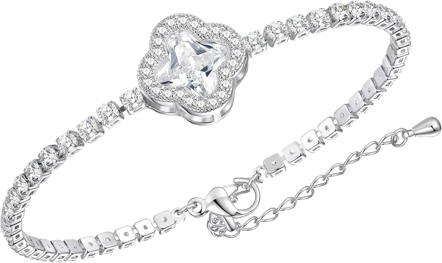 4K Gold Plated Tennis Bracelets 2mm Cubic Zirconia Clover Adjustable Tennis Bracelet 6.6 Inches Link with 2 Inches Extender Jewelry Trendy for Women