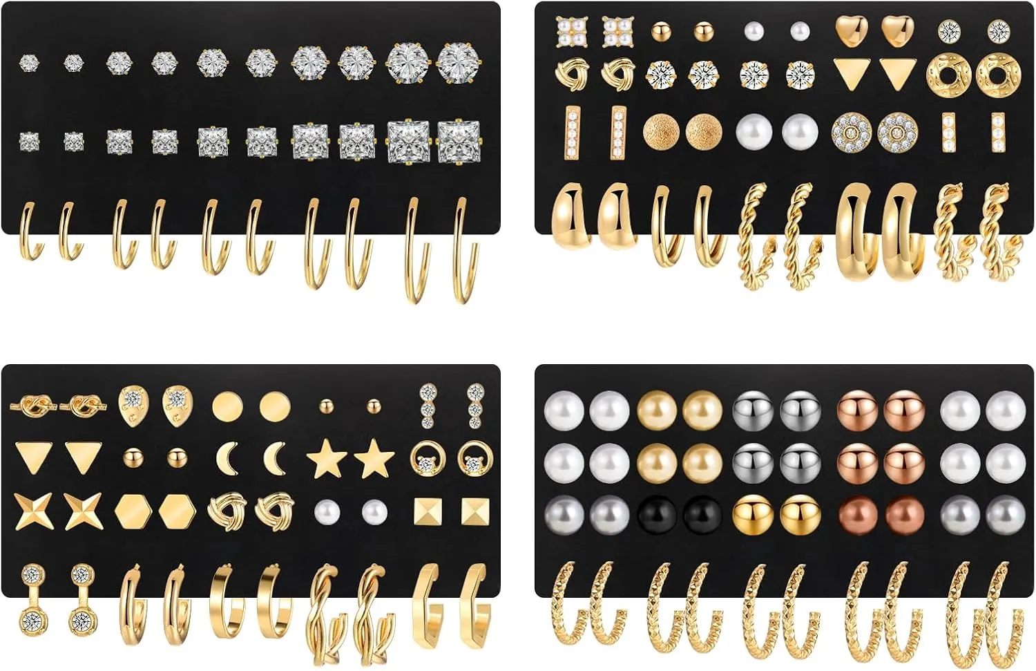 84 Pairs Gold Stud Earrings Set for Women Multipack, Fashion Pearl Cubic Zirconia Butterfly Earrings Packs Piercings, Hypoallergenic Stud Hoops Earrings for Gift