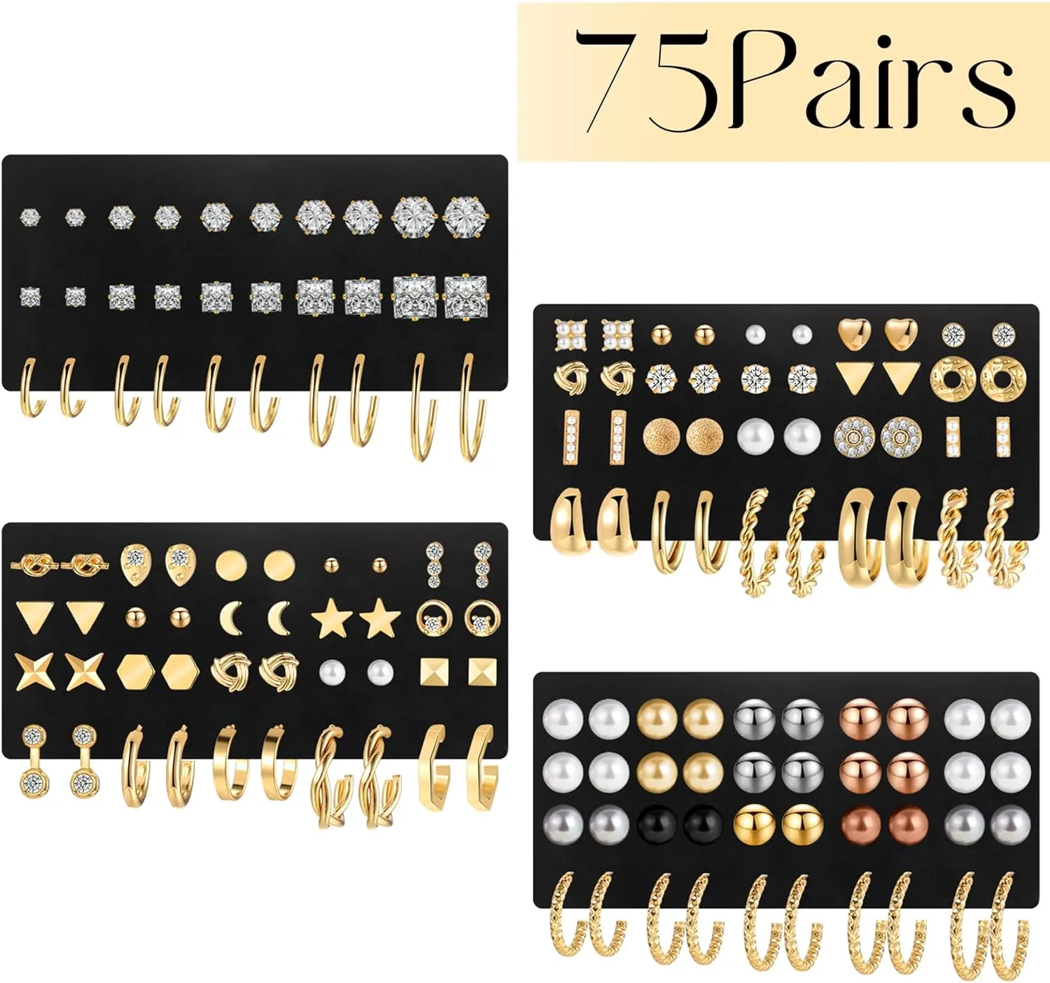 84 Pairs Gold Stud Earrings Set for Women Multipack, Fashion Pearl Cubic Zirconia Butterfly Earrings Packs Piercings, Hypoallergenic Stud Hoops Earrings for Gift