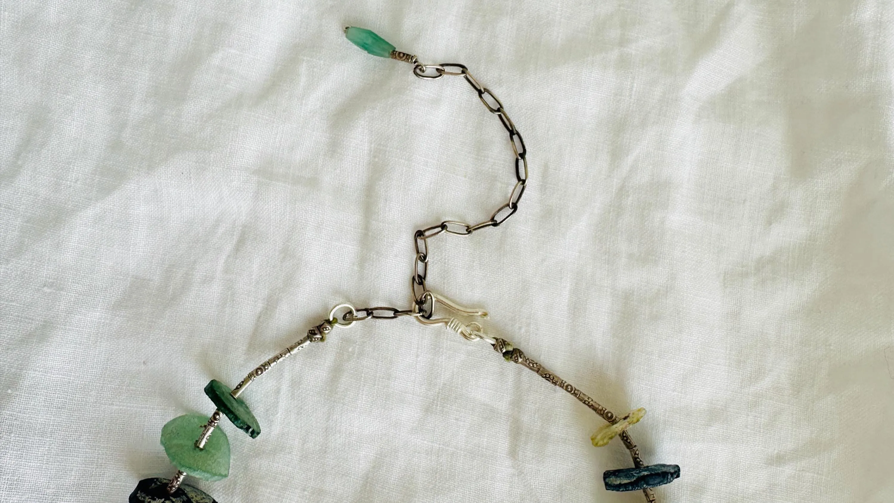 Ancient Roman Glass Necklace with Sterling Silver. Handmade Designer Jewelry.