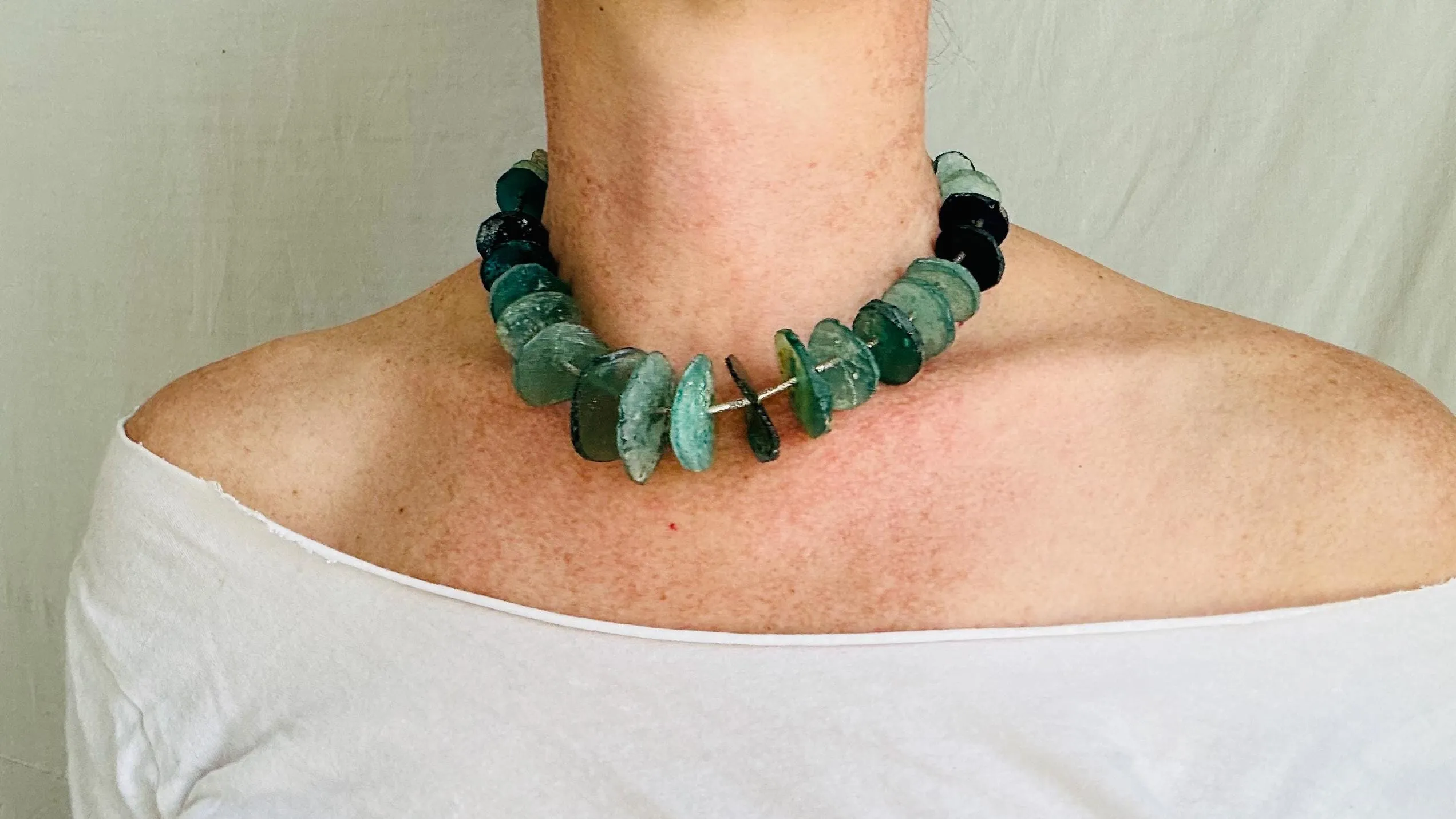 Ancient Roman Glass Necklace with Sterling Silver. Handmade Designer Jewelry.