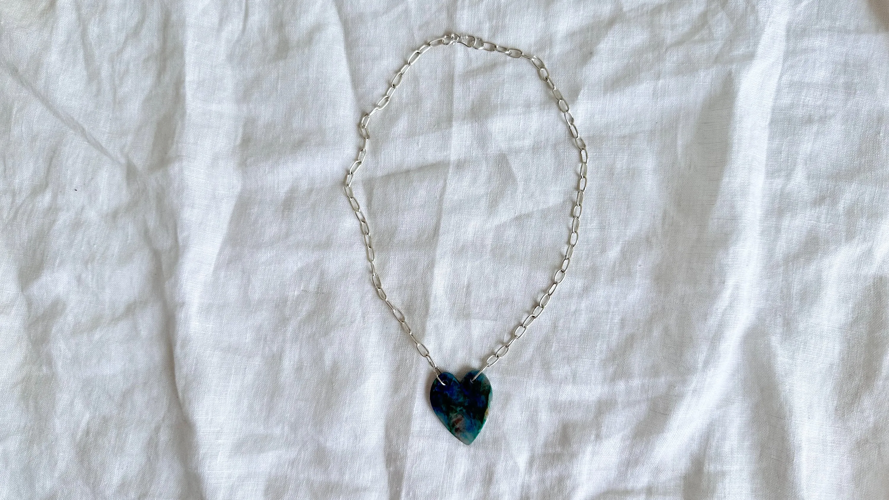 Chrysocolla Heart Pendant Necklace. Sterling Silver Chain. 1103
