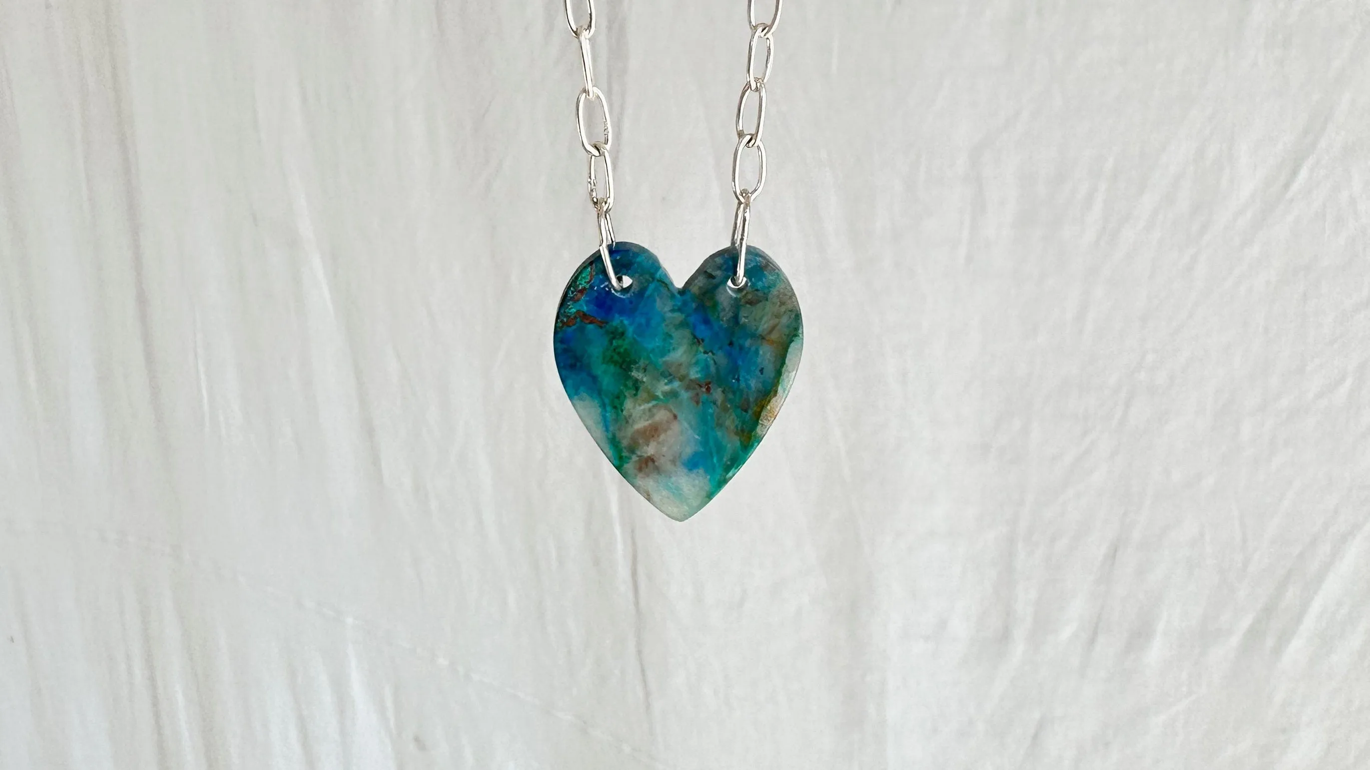 Chrysocolla Heart Pendant Necklace. Sterling Silver Chain. 1103