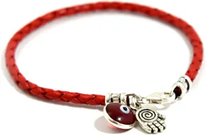 Hamsa Hand Protection Bracelet for Women - Silver Hamsa Charm on Red Leather Evil Eye Bracelet - Ojo Jewelry - Birthday Anniversary Friendship Gift