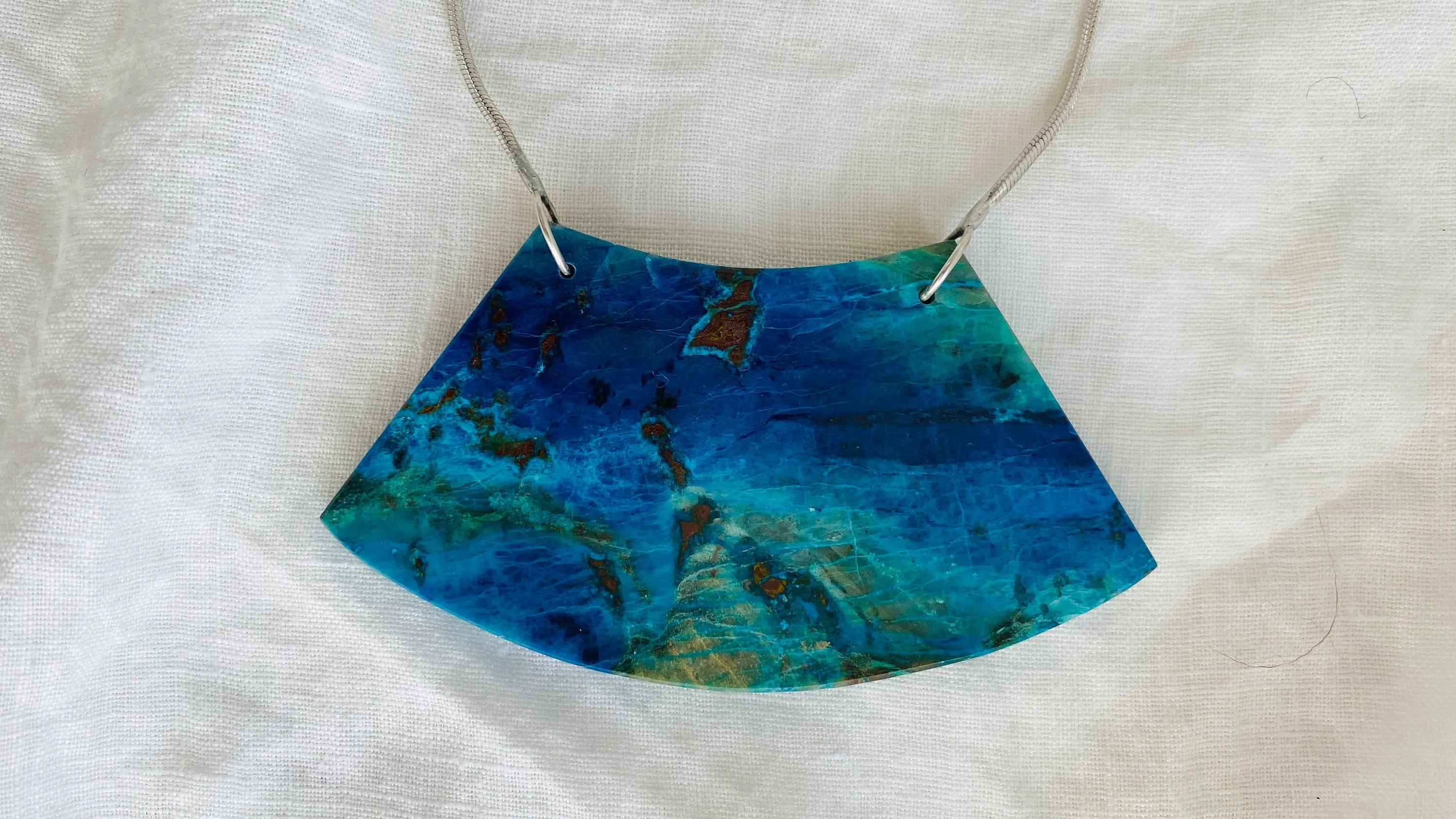 Huge Chrysocolla and Silver Pendant Necklace. Snake Chain