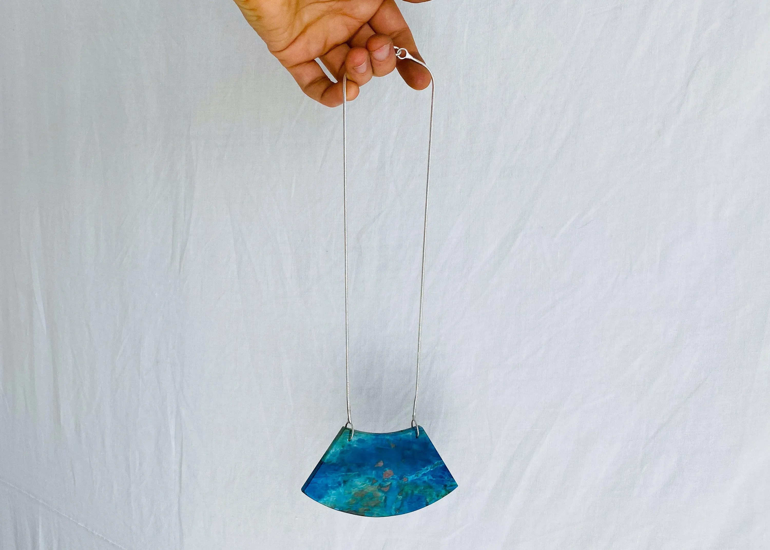 Huge Chrysocolla and Silver Pendant Necklace. Snake Chain