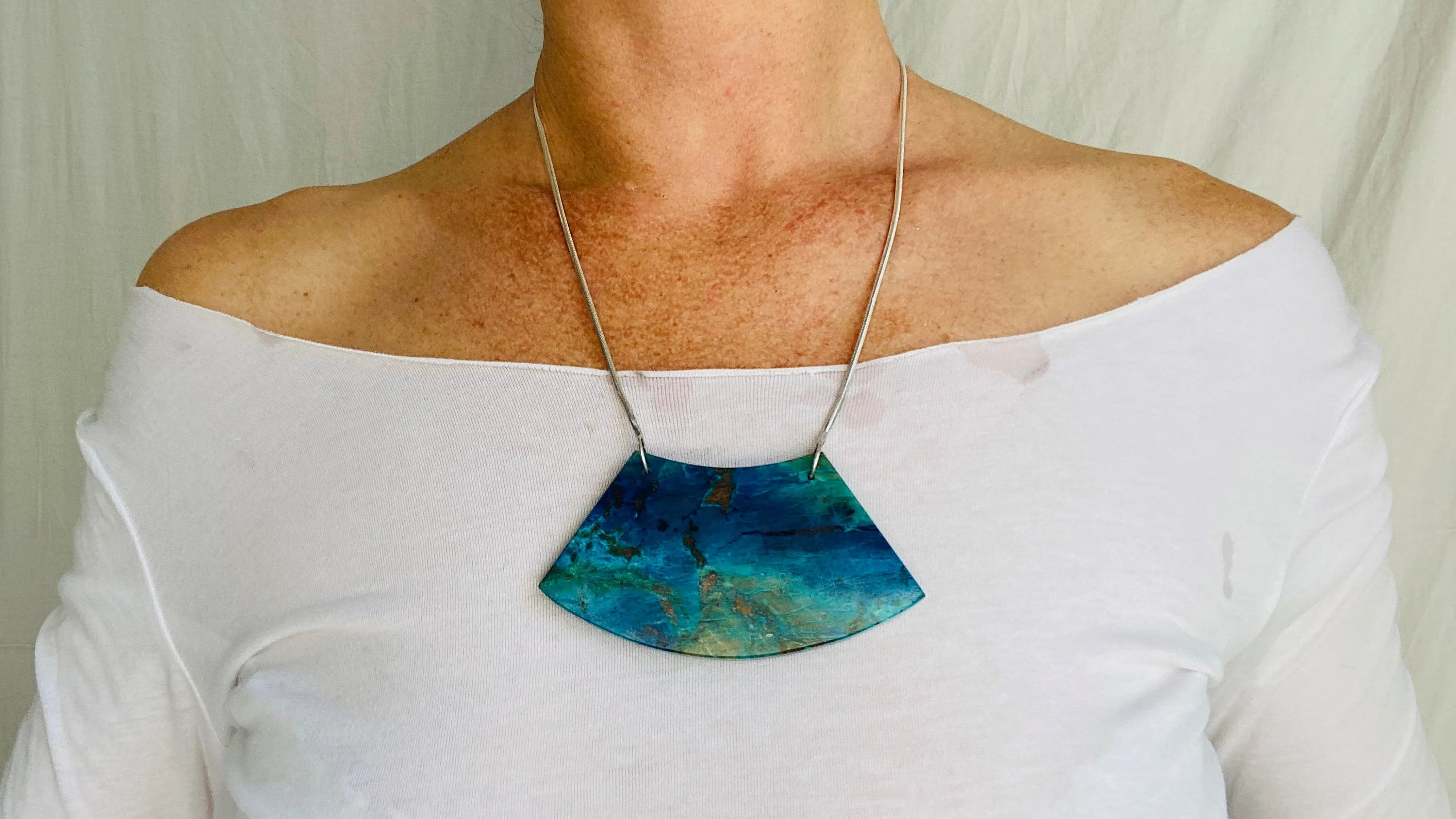 Huge Chrysocolla and Silver Pendant Necklace. Snake Chain