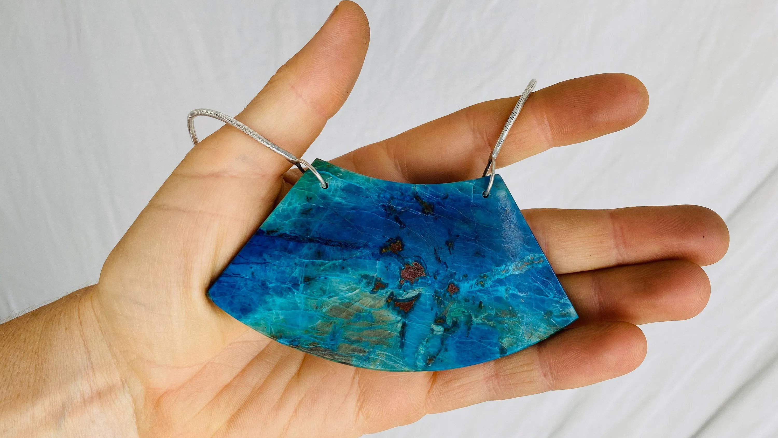 Huge Chrysocolla and Silver Pendant Necklace. Snake Chain
