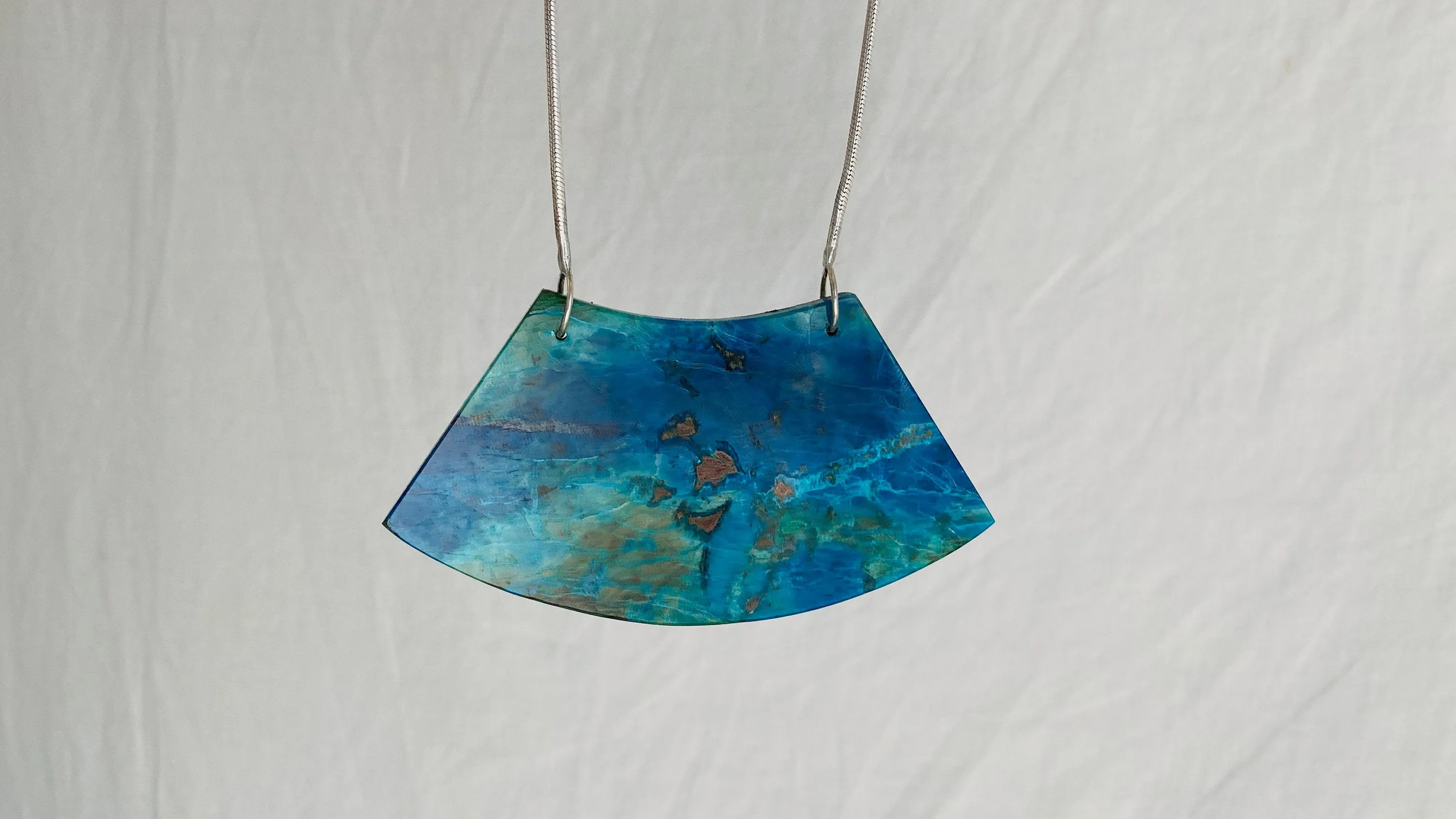 Huge Chrysocolla and Silver Pendant Necklace. Snake Chain