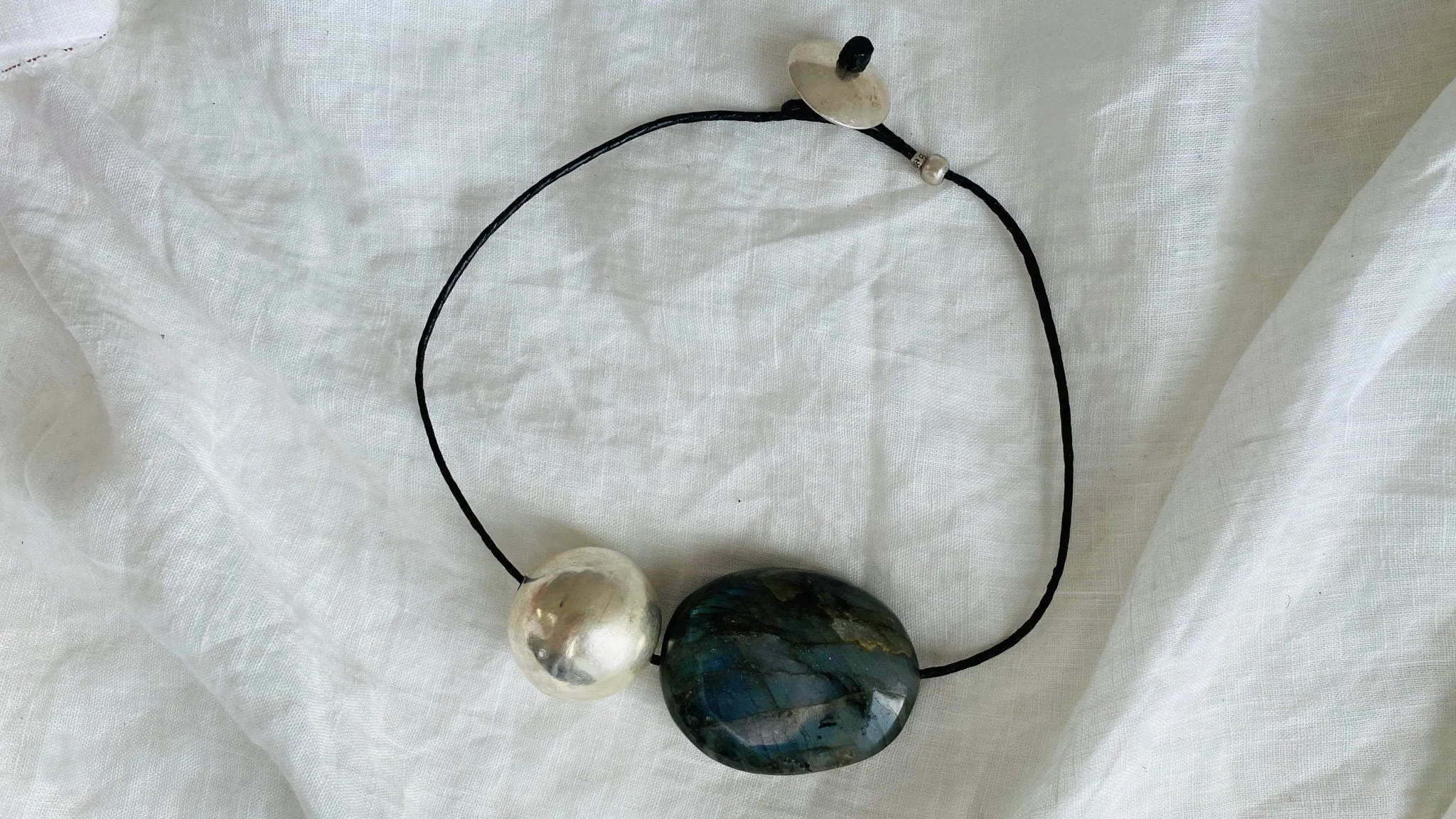 Labradorite and Silver Pendant. Leather Cord.