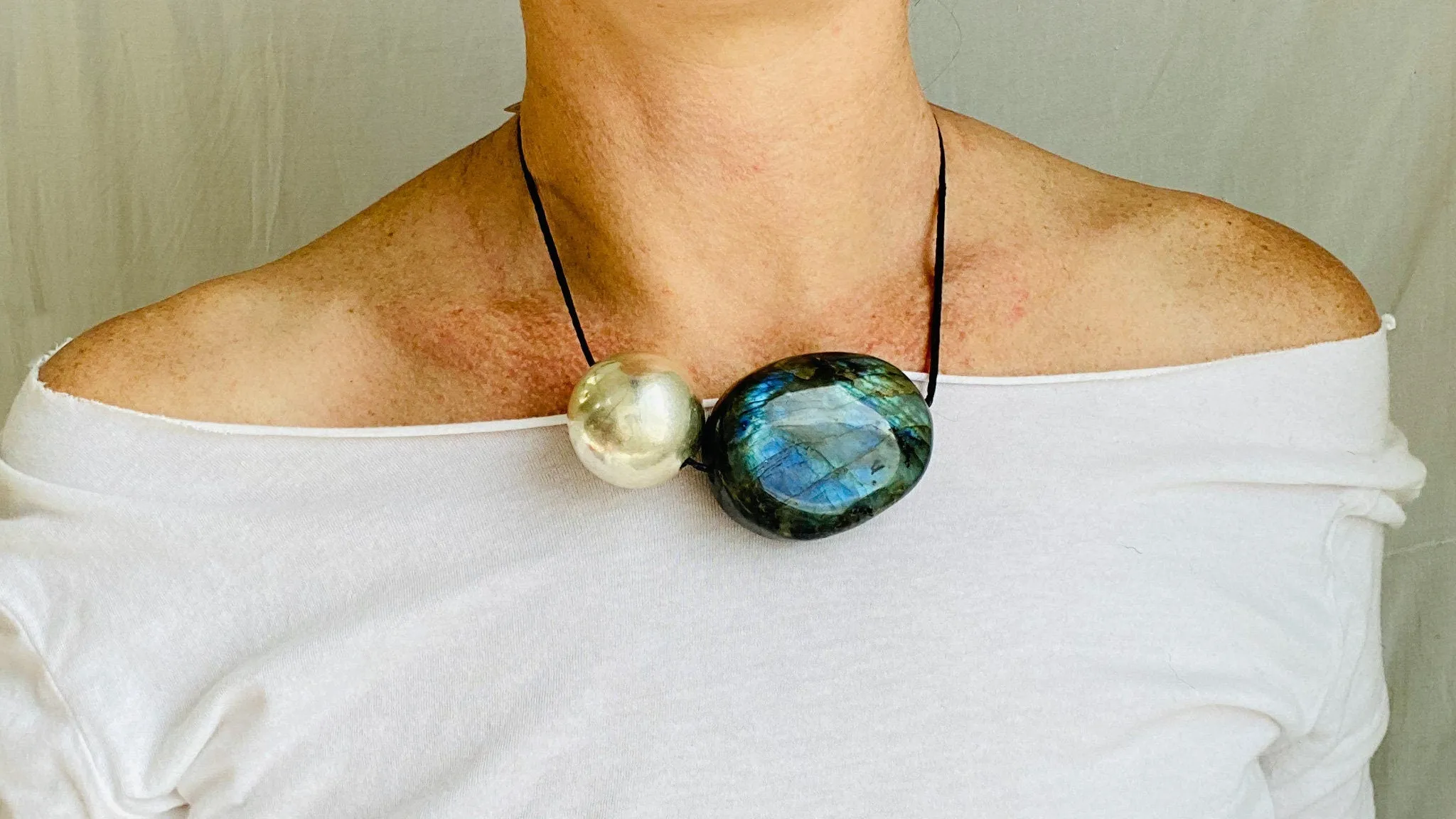 Labradorite and Silver Pendant. Leather Cord.