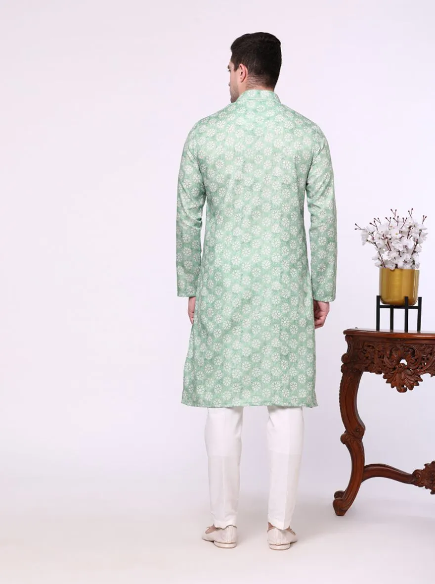 Leaf Green Printed Cotton Silk Blend Kurta | The Kurta Company