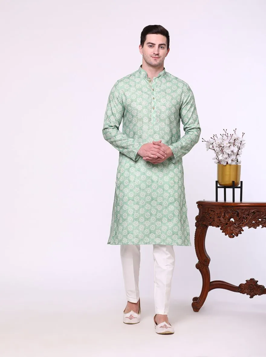 Leaf Green Printed Cotton Silk Blend Kurta | The Kurta Company