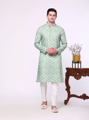 Leaf Green Printed Cotton Silk Blend Kurta | The Kurta Company