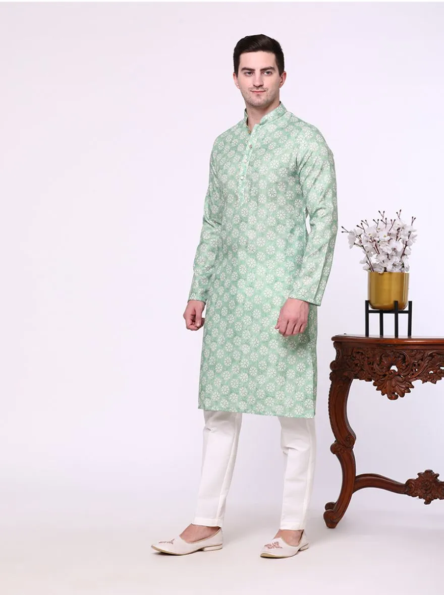 Leaf Green Printed Cotton Silk Blend Kurta | The Kurta Company