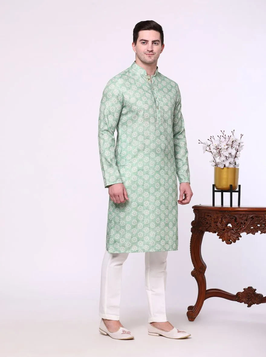 Leaf Green Printed Cotton Silk Blend Kurta | The Kurta Company