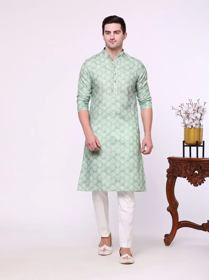 Leaf Green Printed Cotton Silk Blend Kurta | The Kurta Company