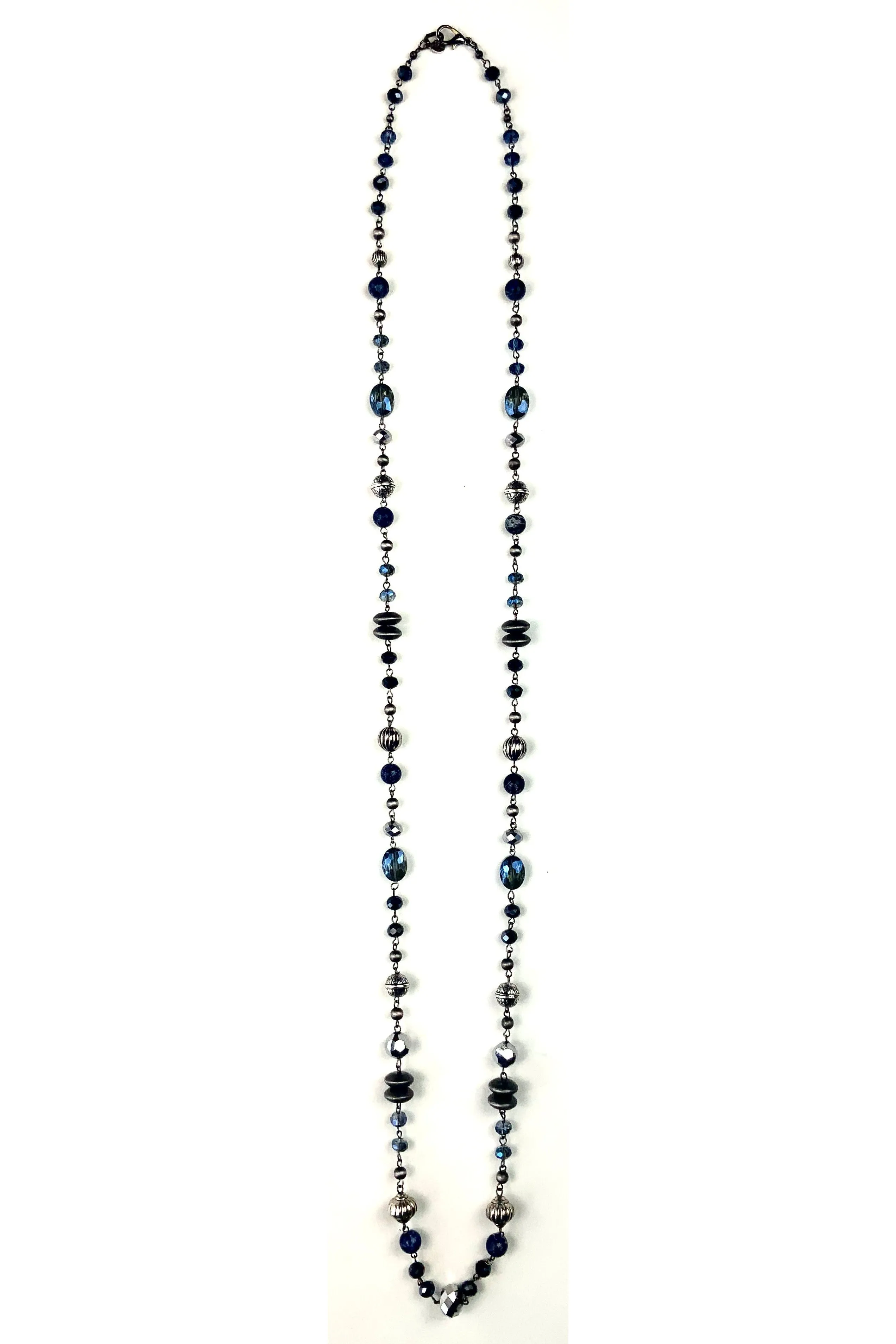 Lost And Found Long Rosaries Symmetrical Beaded Pewter And Blue Crystal Necklace