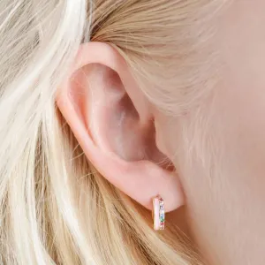 Pink Enamel and Rainbow Crystal Huggie Hoop Earrings in Gold