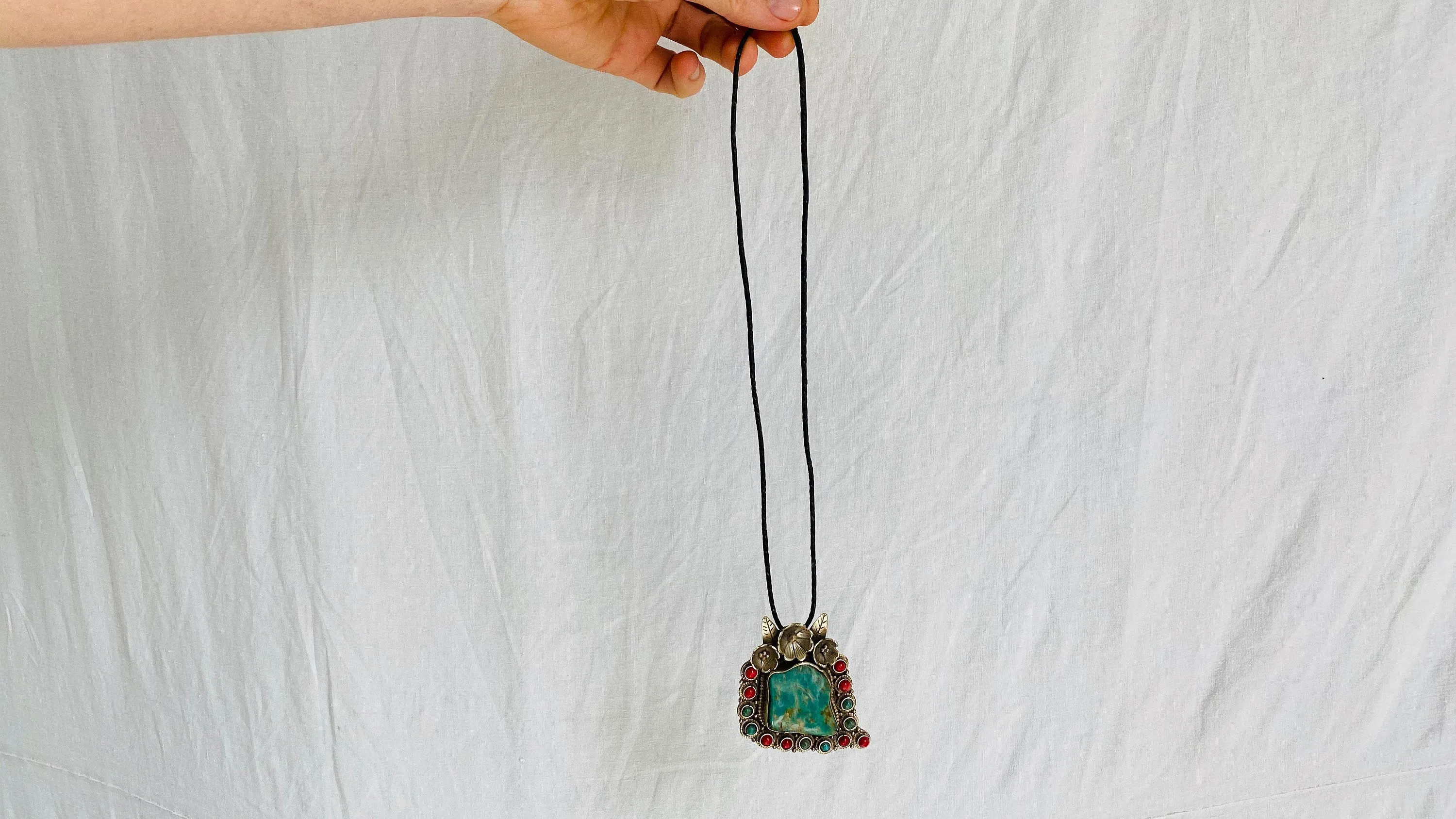 Turquoise & Coral Pendant Necklace. Nepalese