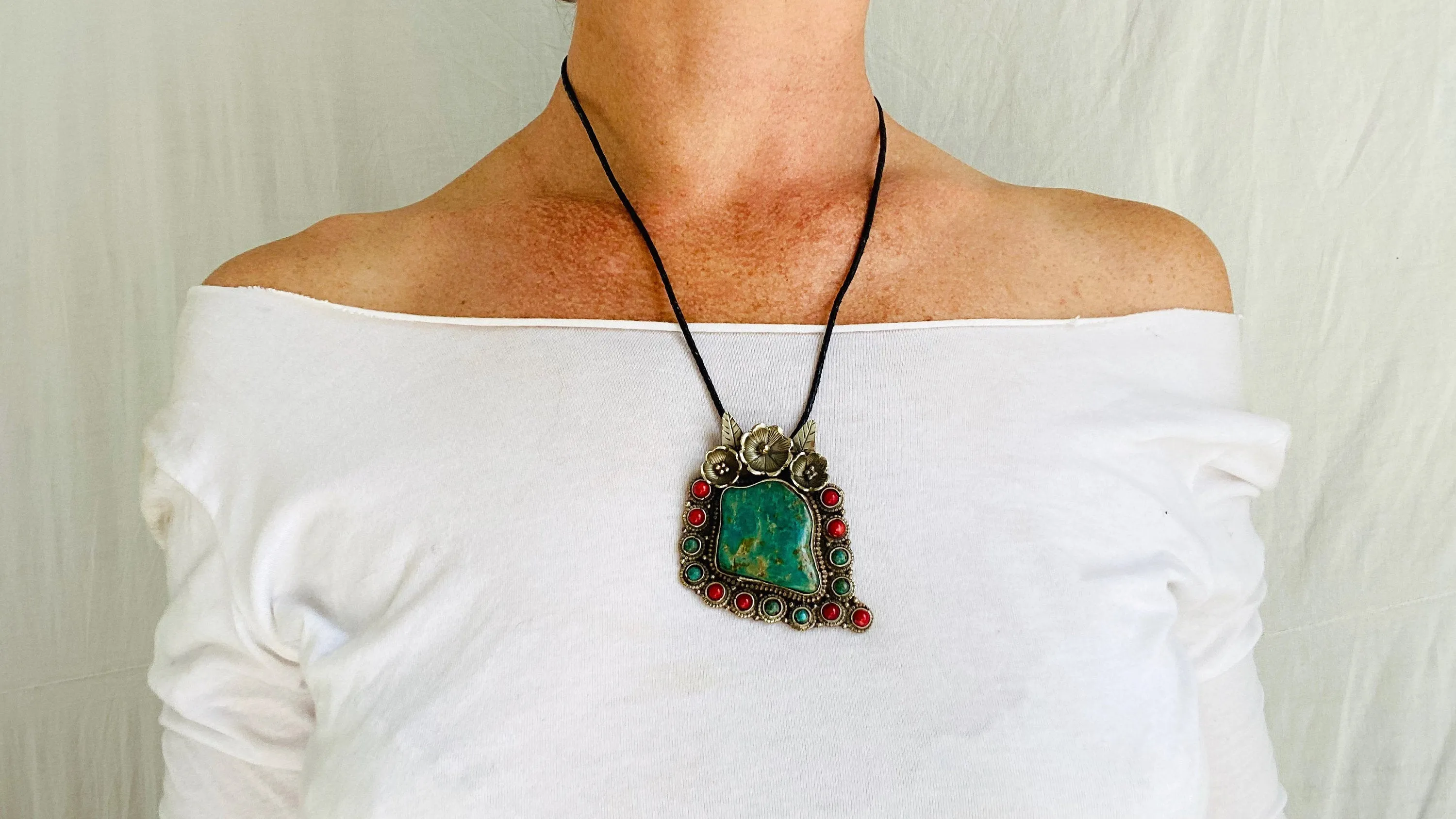 Turquoise & Coral Pendant Necklace. Nepalese