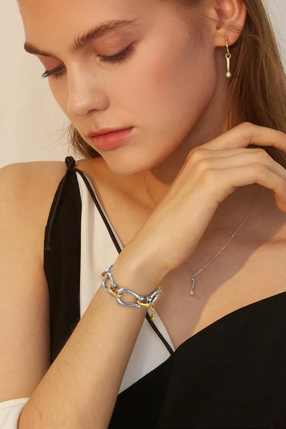 WOWORAMA Two Tone Link Chain Bracelet for Women Men Gold and Silver Paperclip Link Bracelets Unisex Mixed Metal Bracelet Thick Chunky Chain Bracelets
